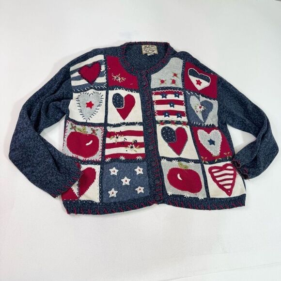 Heirloom Collectibles Sweater Womens XL Patriotic Heart Cardigan Patchwork USA* - Picture 1 of 9